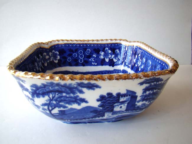 A beautiful English "Spode" blue and white transfer decorated square bowl with gilt edge circa 1895